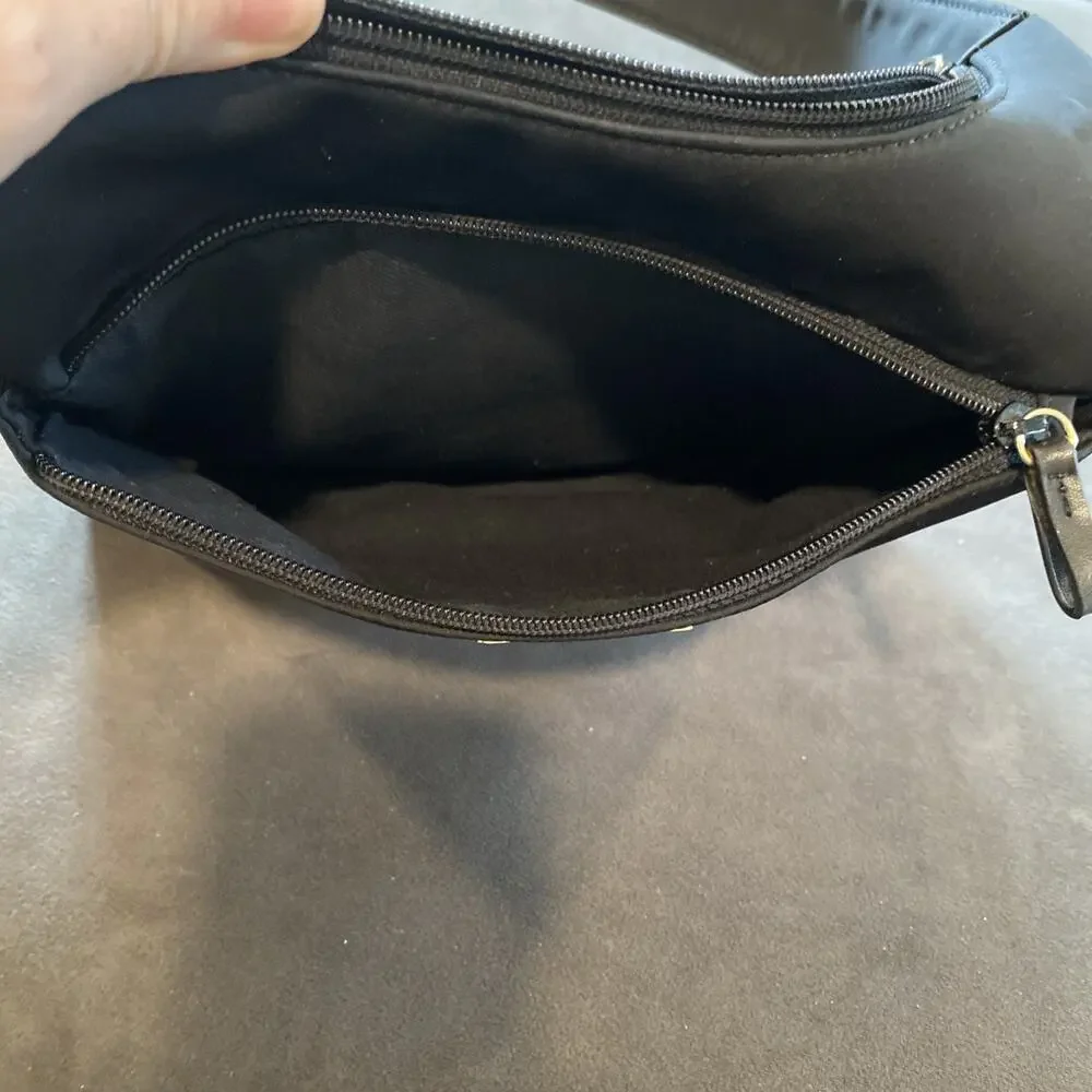 Nine West Black Nylon Shoulder Bag Multi Zip Hobo Purse Womens
